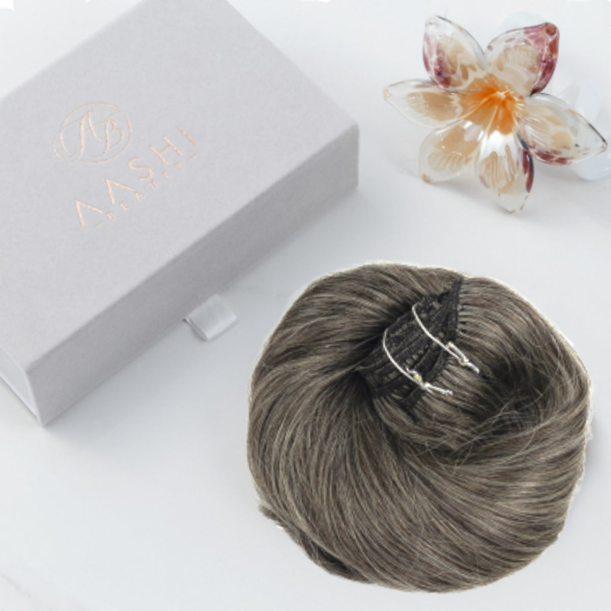 Ash Grey/Brown Clip on Extensions (#1C/60) Highlight Blended Hair Exte ...