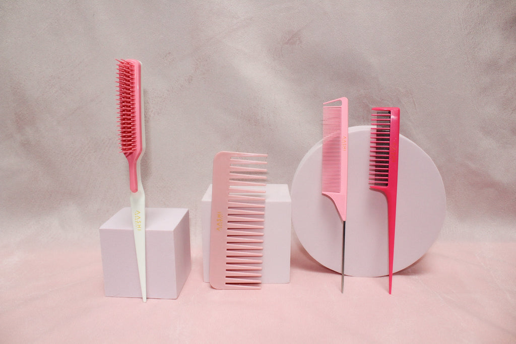 Aashi Beauty Professional Pink Teasing/Comb Series. Wide-Tooth Detangling Comb, Parting Teasing Comb, Triple Threat Teasing Comb, Duo Teaser Hair Brush - Aashi Beauty