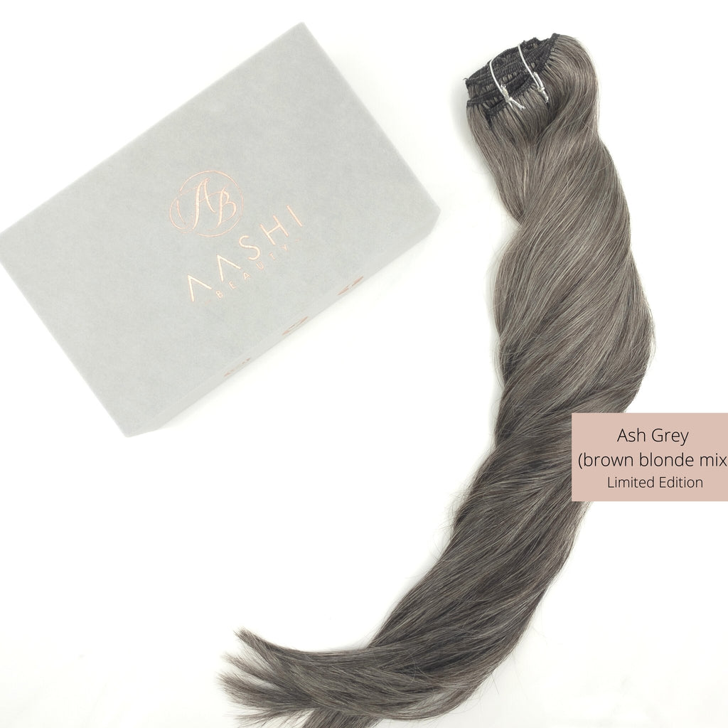 Ash Grey/Brown Clip on Extensions (#1C/60) Highlight Blended Hair Extensions - Aashi Beauty
